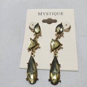 Mystique3 tier drop earring with green olive color stones 2 inch length pierced